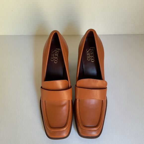 Franco Sarto Tan Leather Block Heel Loafers Women’s Sz 9.5M Classic Penny Heels - Picture 4 of 9